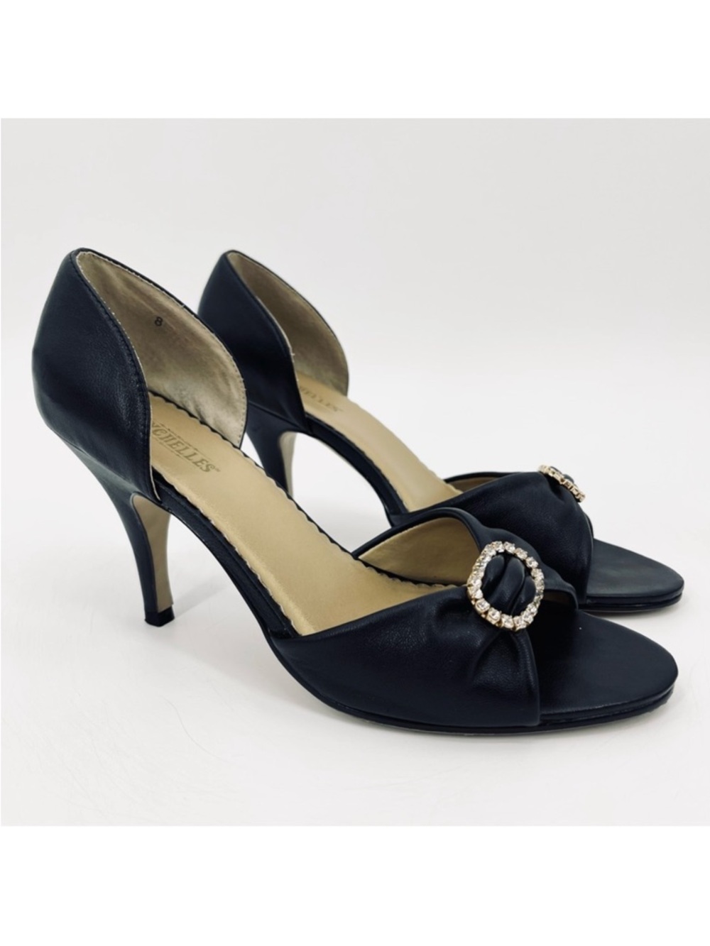 Seychelles Black Leather Jeweled Open Toe Pump Heels Size 8